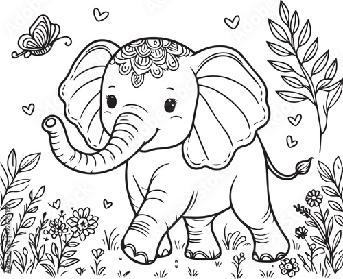 A elephant line art coloring book illustration for kids