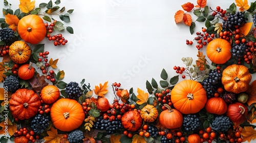 Thanksgiving or Halloween-inspired autumn decor with pumpkins, berries, and leaves on a white wooden surface, offering copy space. photo