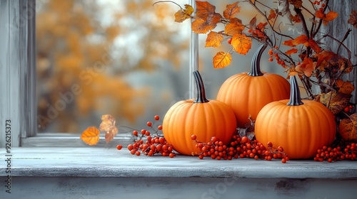 Elegant autumn decor with pumpkins, berries, and leaves on a white wooden surface, capturing the spirit of Thanksgiving and Halloween. photo