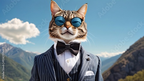 Cat, sunglasses, suit, bowtie, anthropomorphic, humor, surreal, mountains, sky, clouds, nature, fashion, dapper, gentleman, tabby, striped fur, pink, blue, green, summer, alpine, countryside, whimsica photo