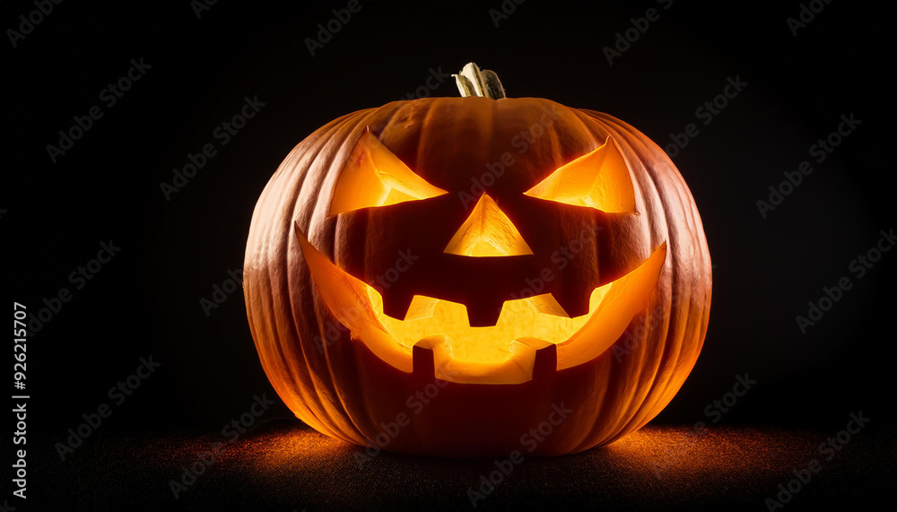 Glowing Jack-o'-Lantern with Menacing Expression Illuminated Against a Black Background, Spooky Spirit of Halloween Autumn Holiday Night with Sharp, Angular Eyes and a Sinister Zigzag Smile Pumpkin Glowing Jack-o'-Lantern with Menacing Expression Illuminated Against a Black Background, Spooky Spirit of Halloween Autumn Holiday Night with Sharp, Angular Eyes and a Sinister Zigzag Smile Pumpkin