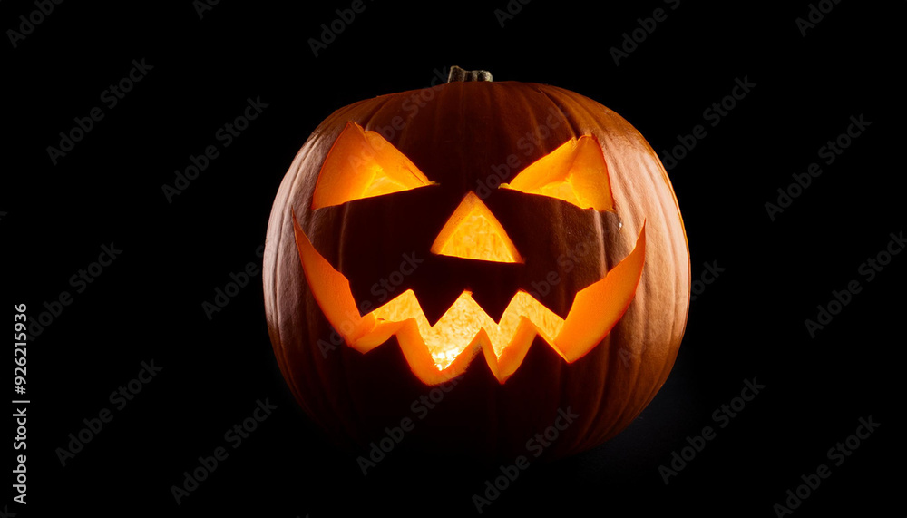 Glowing Jack-o'-Lantern with Menacing Expression Illuminated Against a Black Background, Spooky Spirit of Halloween Autumn Holiday Night with Sharp, Angular Eyes and a Sinister Zigzag Smile Pumpkin Glowing Jack-o'-Lantern with Menacing Expression Illuminated Against a Black Background, Spooky Spirit of Halloween Autumn Holiday Night with Sharp, Angular Eyes and a Sinister Zigzag Smile Pumpkin