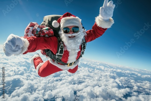 Santa Claus Skydiving with a Bag of Presents