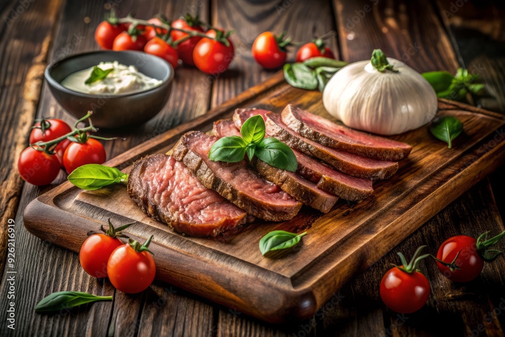 Moody dark ambient flank steak top view sliced thin cherry tomatoes burrata cheese fresh basil leaves rustic wooden cutting board dimly lit evening Moody dark ambient flank steak top view sliced thin cherry tomatoes burrata cheese fresh basil leaves rustic wooden cutting board dimly lit evening