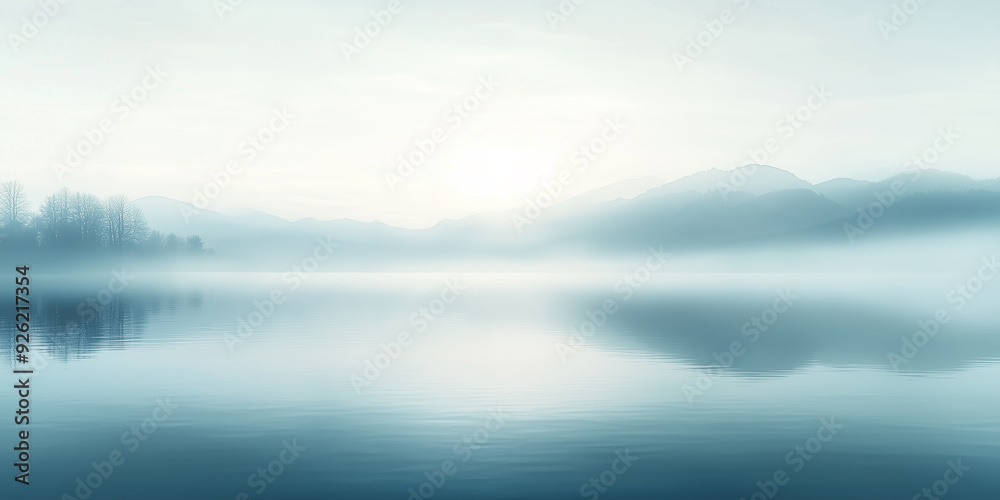 Still lake with fog rolling over the water's surface, creating a blurred horizon, flat illustration Still lake with fog rolling over the water's surface, creating a blurred horizon, flat illustration
