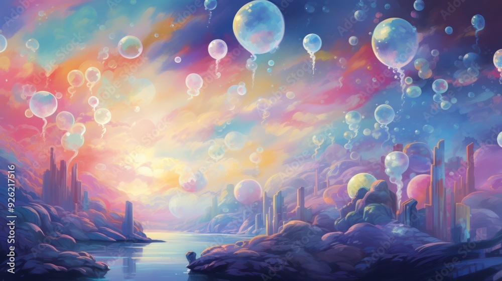 Obraz premium A whimsical illustration of bubbles in various sizes and colors floating upwards on a background