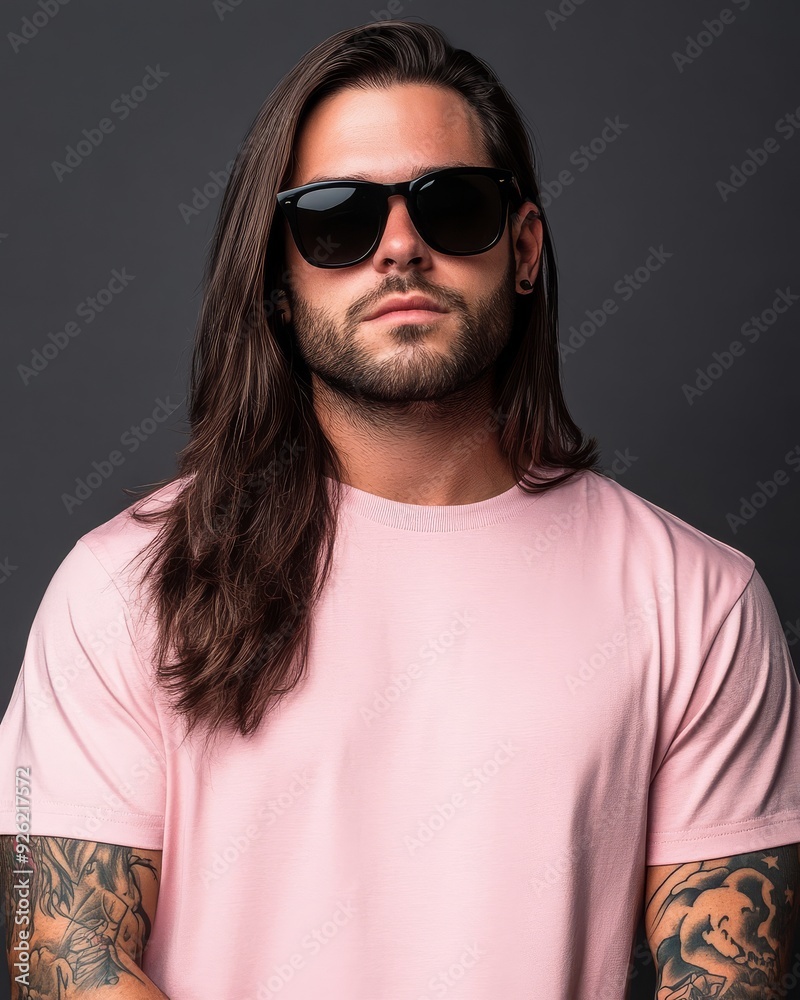 Handsome model showcases a blank t-shirt, displaying a cool style and attitude Handsome model showcases a blank t-shirt, displaying a cool style and attitude