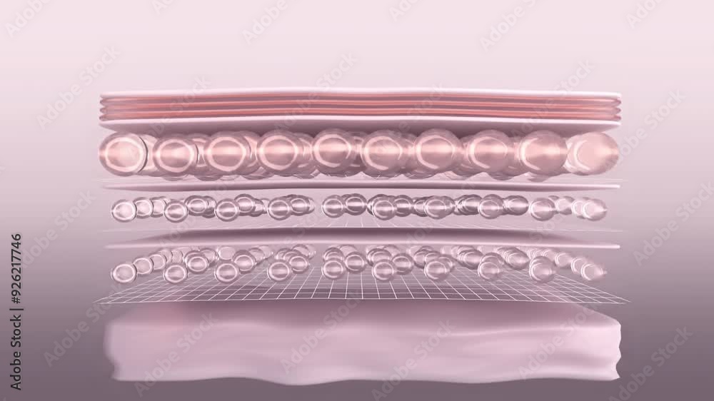 Laser skin collagen-boosting treatment. Stylized wrinkled skin layers before and smooth tightened after the session of modern beauty procedure with laser devices. 3D animation