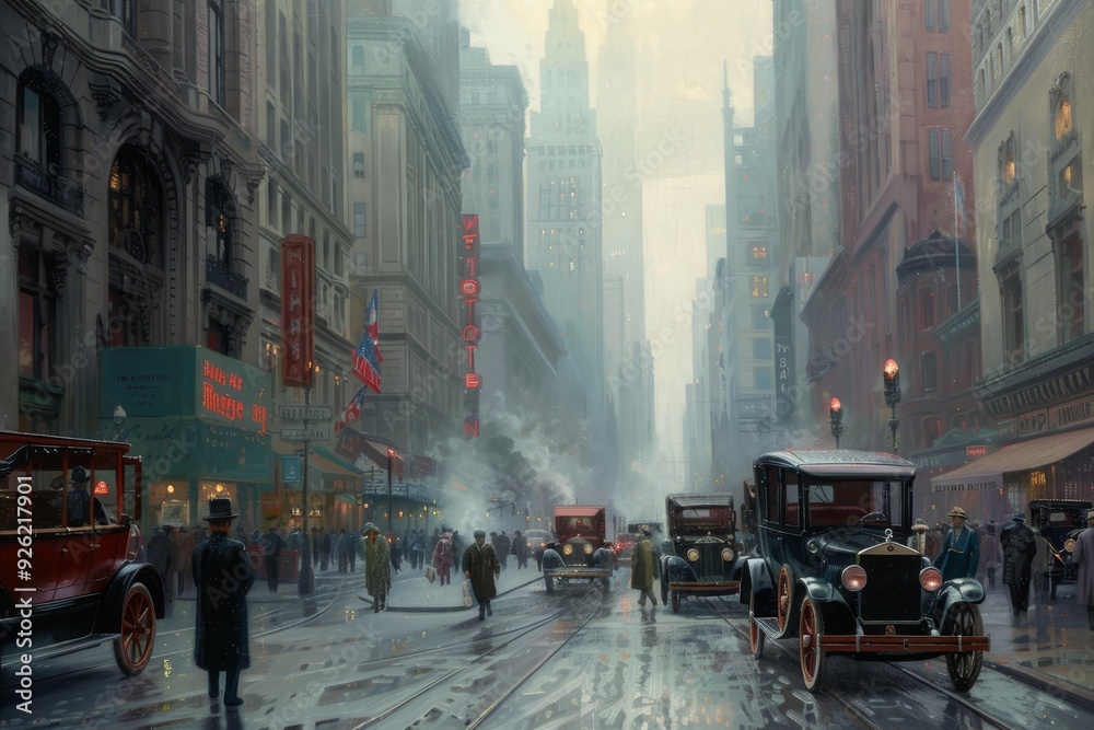 Bustling 1920s New York Street with Flappers and Classic Cars. Bustling 1920s New York Street with Flappers and Classic Cars.