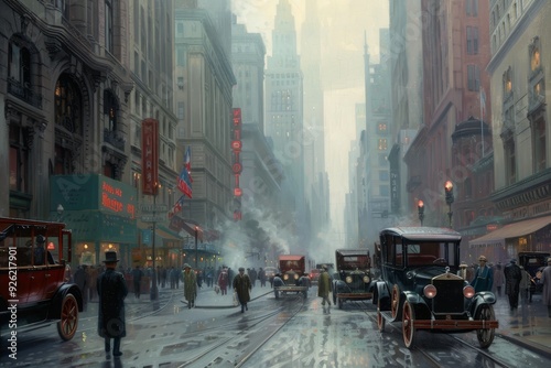 Bustling 1920s New York Street with Flappers and Classic Cars.