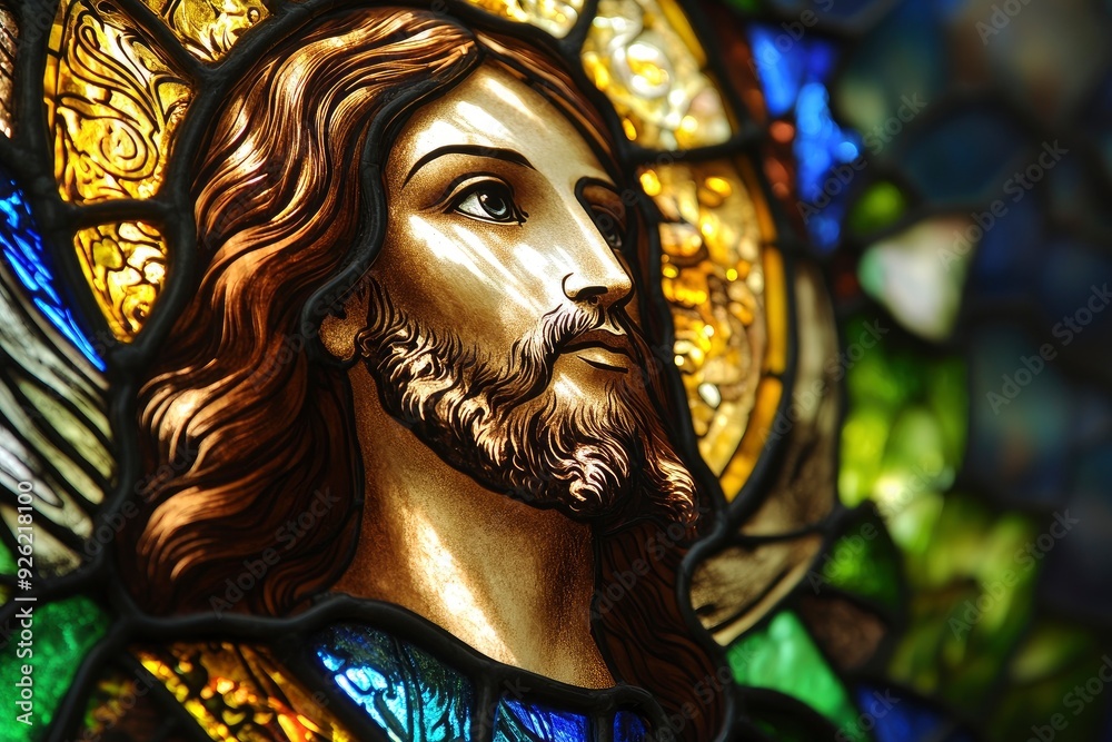 Stained Glass Jesus: Sermon on the Mount with Blues & Greens, Golden Divine Light , ai Stained Glass Jesus: Sermon on the Mount with Blues & Greens, Golden Divine Light , ai