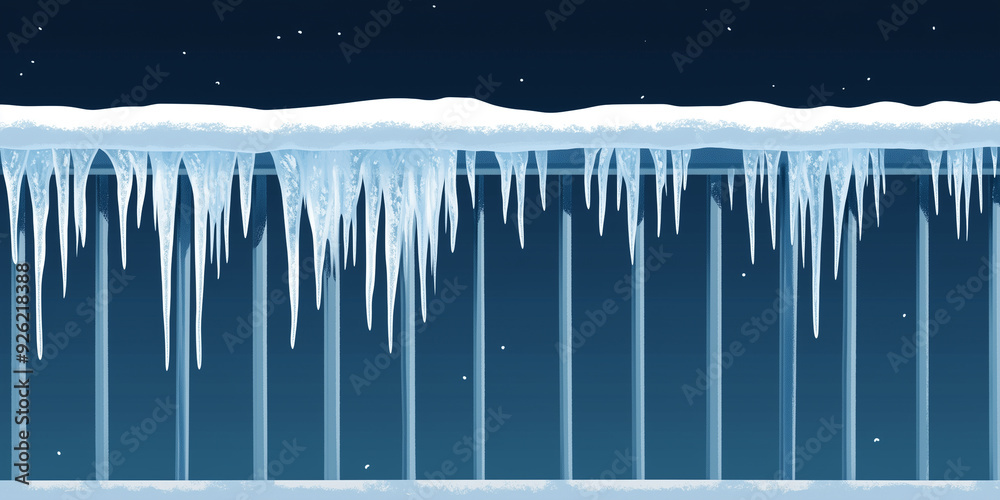 Icicles descending from a metal railing, forming a barrier of ice, flat illustration Icicles descending from a metal railing, forming a barrier of ice, flat illustration