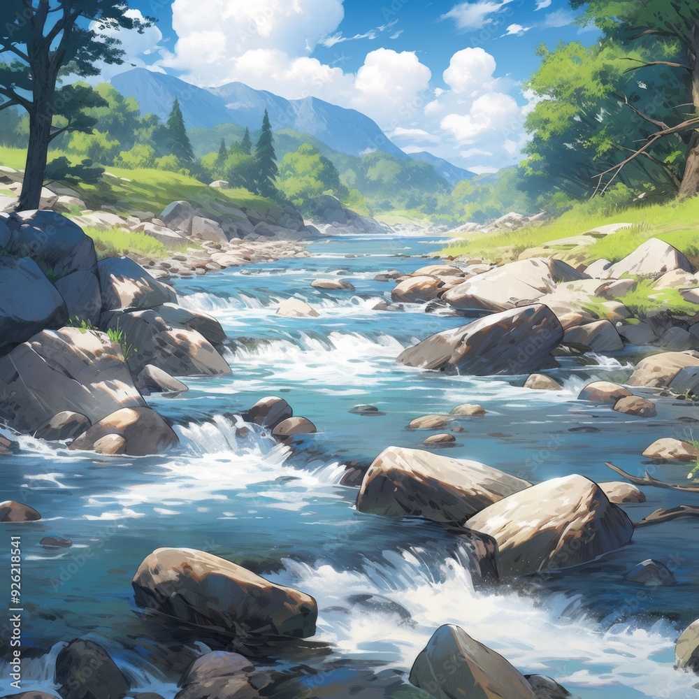 Enchanting Anime-Style Serenity: A Tranquil Stream in a Valley, Perfect for Anime-Style and DnD Environments, Ideal for Game Concept Art and 4K Wallpapers. Enchanting Anime-Style Serenity: A Tranquil Stream in a Valley, Perfect for Anime-Style and DnD Environments, Ideal for Game Concept Art and 4K Wallpapers.