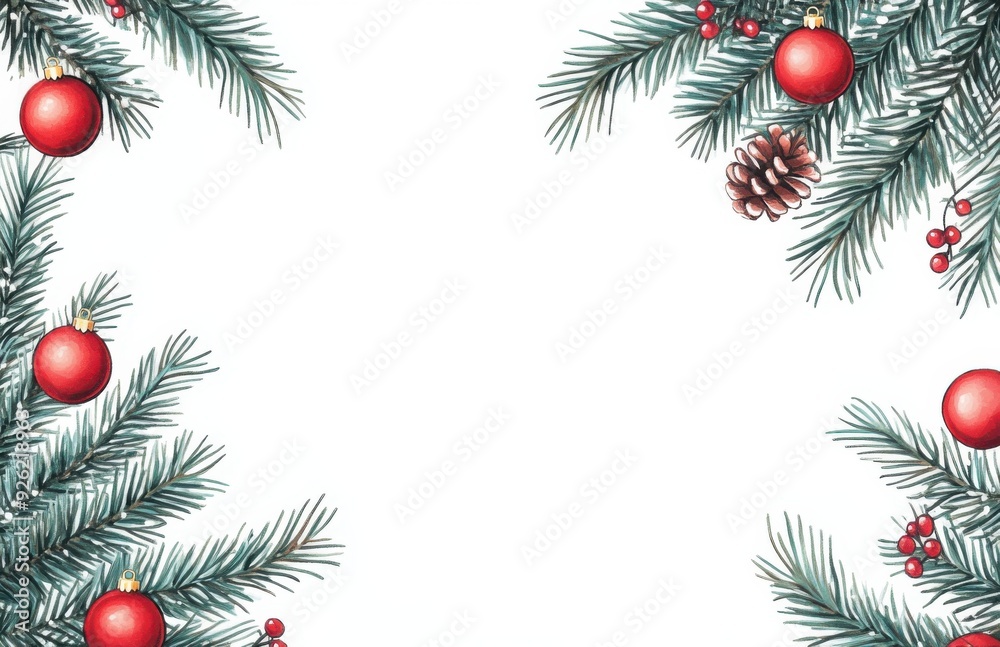 Christmas border frame with fir branches, red balls, and berries on a white background. Christmas card template. Watercolor hand-drawn illustration. Flat lay, top view. Vector illustration. Christmas border frame with fir branches, red balls, and berries on a white background. Christmas card template. Watercolor hand-drawn illustration. Flat lay, top view. Vector illustration.