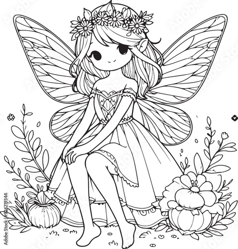 A beautiful fairy lineart coloring book illustration
