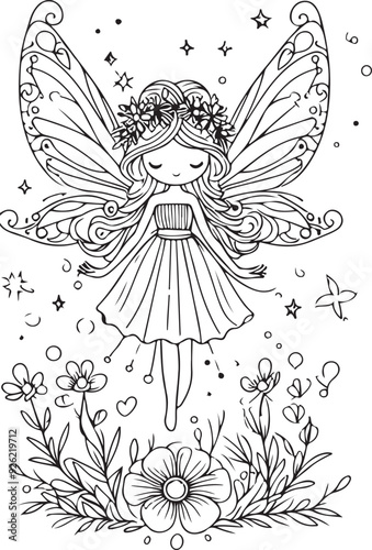 A beautiful fairy lineart coloring book illustration