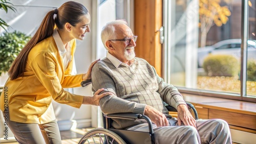 female nurse assisting a senior man in a wheelchair