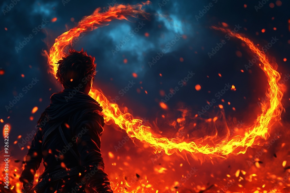 A silhouette of a person creating fire shapes in a dramatic, fiery landscape with dark clouds in the background. A silhouette of a person creating fire shapes in a dramatic, fiery landscape with dark clouds in the background.