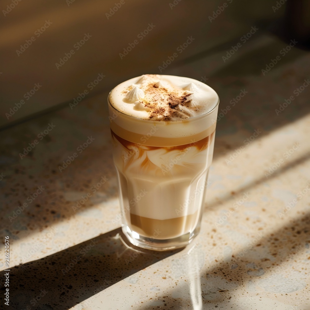 Iced Cappuccino on Frosted Grained Countertop, Side Shot, Studio Lighting, Chinese Minimalist Aesthetics Iced Cappuccino on Frosted Grained Countertop, Side Shot, Studio Lighting, Chinese Minimalist Aesthetics