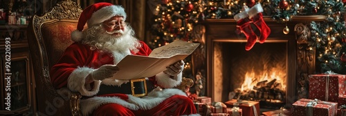 Santa Claus Reading a List of Names by a Fireplace