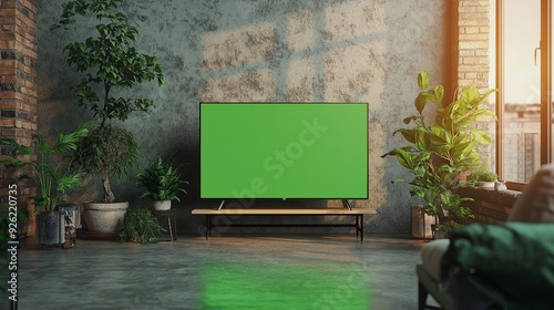 Wallpaper Mural Stylish Loft Apartment Interior with TV Set with Green Screen Mock-Up Display Standing on Television Stand. Empty Living Room at Home with Chroma Key Placeholder on Monitor. Sunset Warm Shot Torontodigital.ca