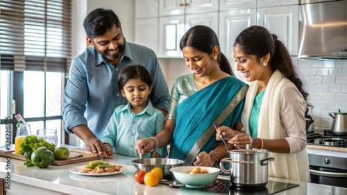 indian family spending quality time busy cooking photo