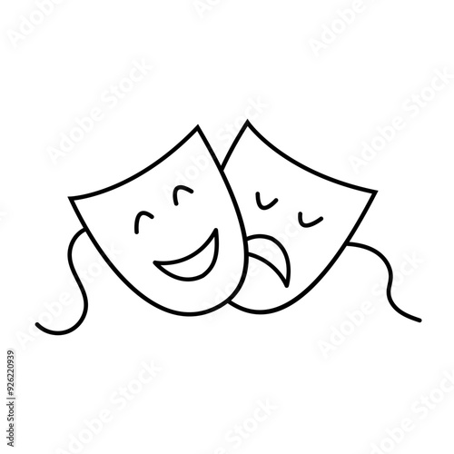 Two theater masks comedy and tragedy line sign in doodle style