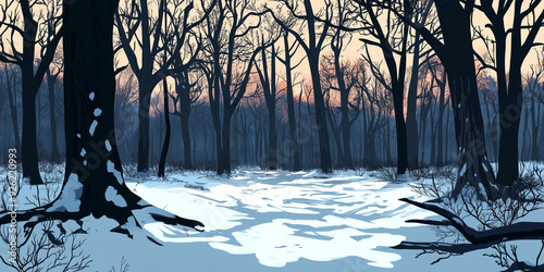 Dense forest of leafless trees, the ground covered in an unbroken layer of snow, flat illustration photo