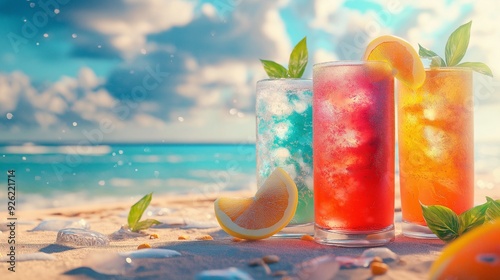 Wallpaper Mural Summer concept with a closeup of colorful drinks on a beach table with the sea in the background. AI-produced images Torontodigital.ca
