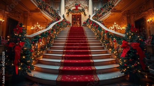 A historic mansion with traditional Christmas decorations and a grand staircase