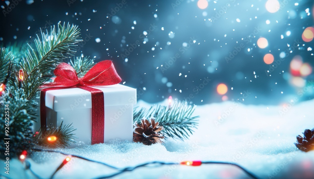 White Gift Box with Red Ribbon on Snowy Ground with Pine Branches White Gift Box with Red Ribbon on Snowy Ground with Pine Branches