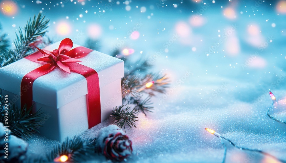 White Gift Box with Red Ribbon in Snowy Winter Setting White Gift Box with Red Ribbon in Snowy Winter Setting