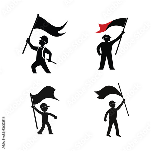 "Black Labor Day Silhouette of Worker Raising Flag or Banner on White Background – Symbolizing Pride and Solidarity in the Labor Force with High-Contrast Effect"
