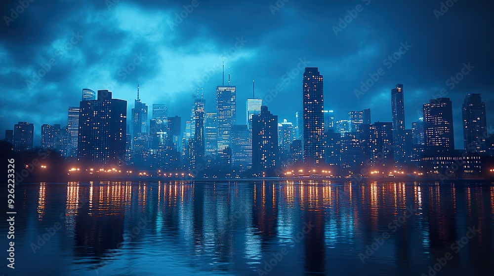 A panoramic view of a city skyline with a focus on iconic skyscrapers, spotlighted to create a striking contrast with the evening sky A panoramic view of a city skyline with a focus on iconic skyscrapers, spotlighted to create a striking contrast with the evening sky