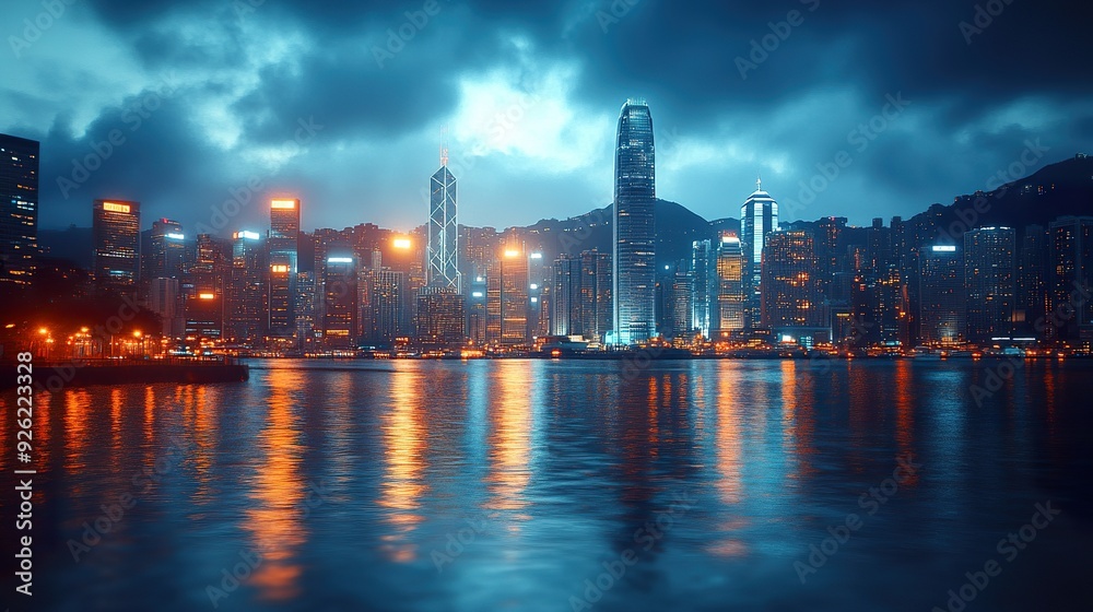 A panoramic view of a city skyline with a focus on iconic skyscrapers, spotlighted to create a striking contrast with the evening sky A panoramic view of a city skyline with a focus on iconic skyscrapers, spotlighted to create a striking contrast with the evening sky