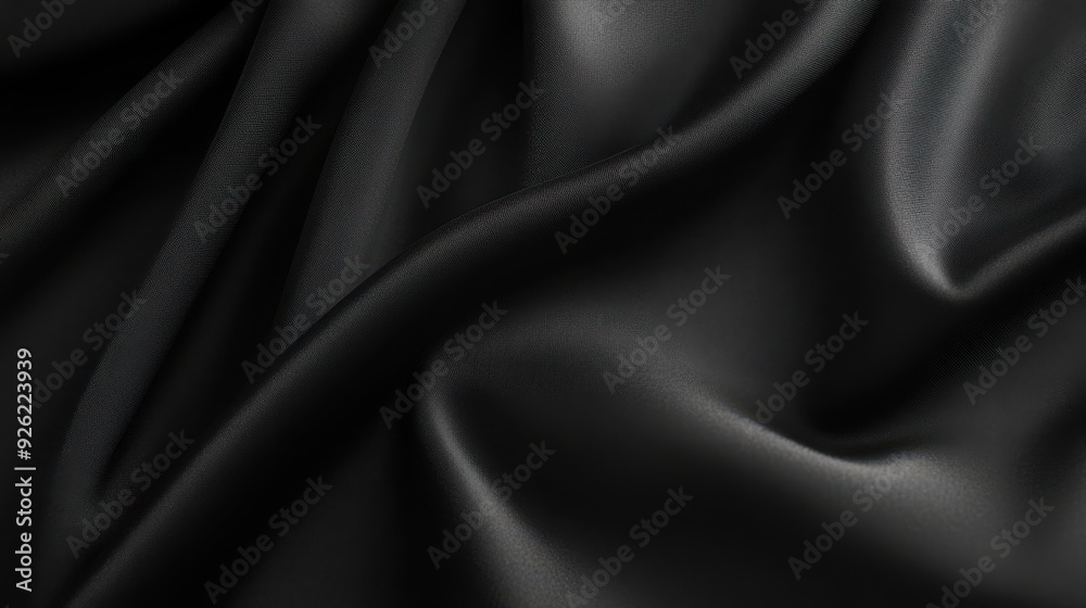 Fototapeta premium A close-up of smooth, black fabric with gentle folds and reflections.