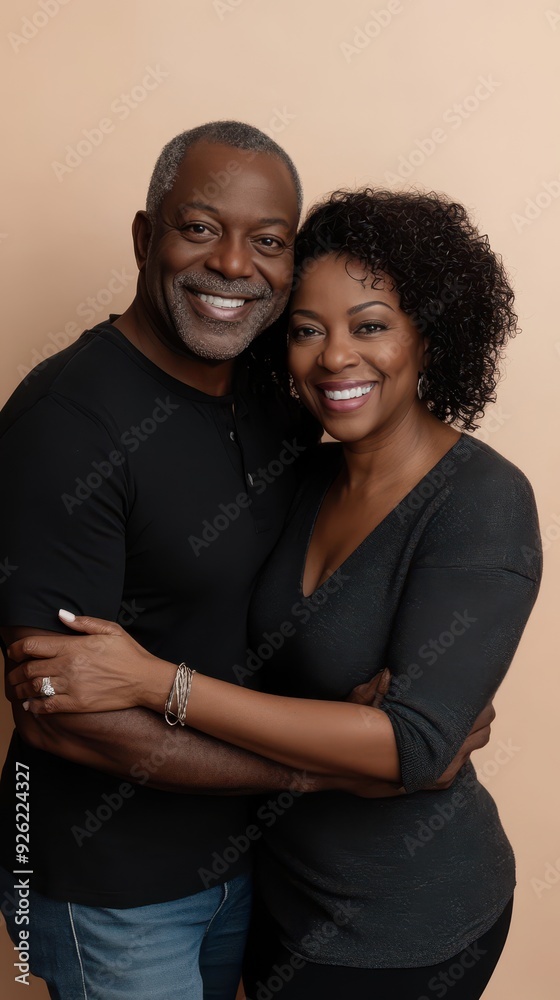 Fototapeta premium A happy couple shares a warm embrace, smiling joyfully in a comfortable indoor location