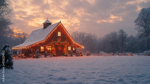 A rustic barn decorated with holly and fairy lights, with a snow-covered field outside photo