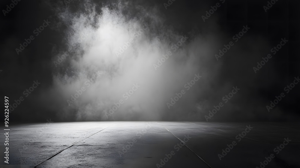 Abstract Image of a Dark Room with Concrete Floor and Black Background, Featuring Panoramic Fog, Mist, and Smog – Ideal for Product Placement or Mysterious Stage Design Abstract Image of a Dark Room with Concrete Floor and Black Background, Featuring Panoramic Fog, Mist, and Smog – Ideal for Product Placement or Mysterious Stage Design