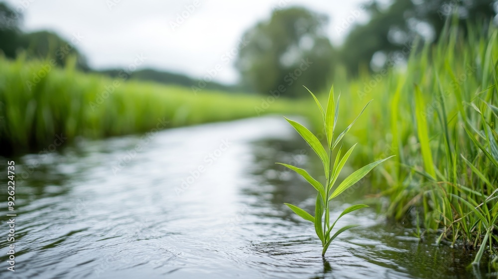 Fototapeta premium A serene stream flows through lush green grass, showcasing nature's beauty in a tranquil landscape, perfect for nature lovers.