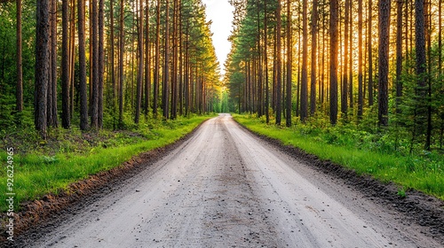 Dirt road winding through pine forest, rugged and wild photo