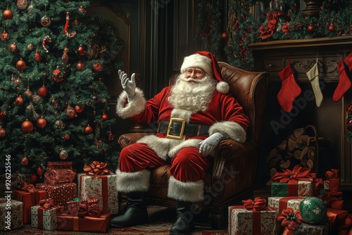 Santa Claus Sitting in a Chair with Christmas Decorations and Presents