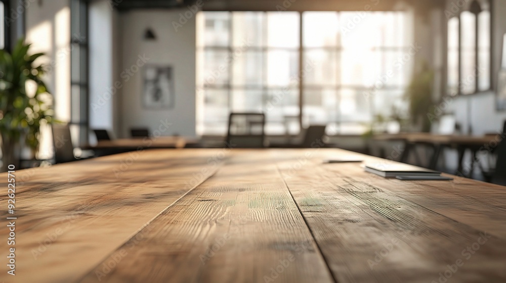 Sunlit Workspace: A rustic wooden conference table bathed in warm sunlight, set against the backdrop of a modern, airy office space. Sunlit Workspace: A rustic wooden conference table bathed in warm sunlight, set against the backdrop of a modern, airy office space.