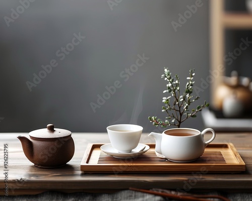 A steaming cup of tea with a teapot and delicate sprigs on a wooden tray.