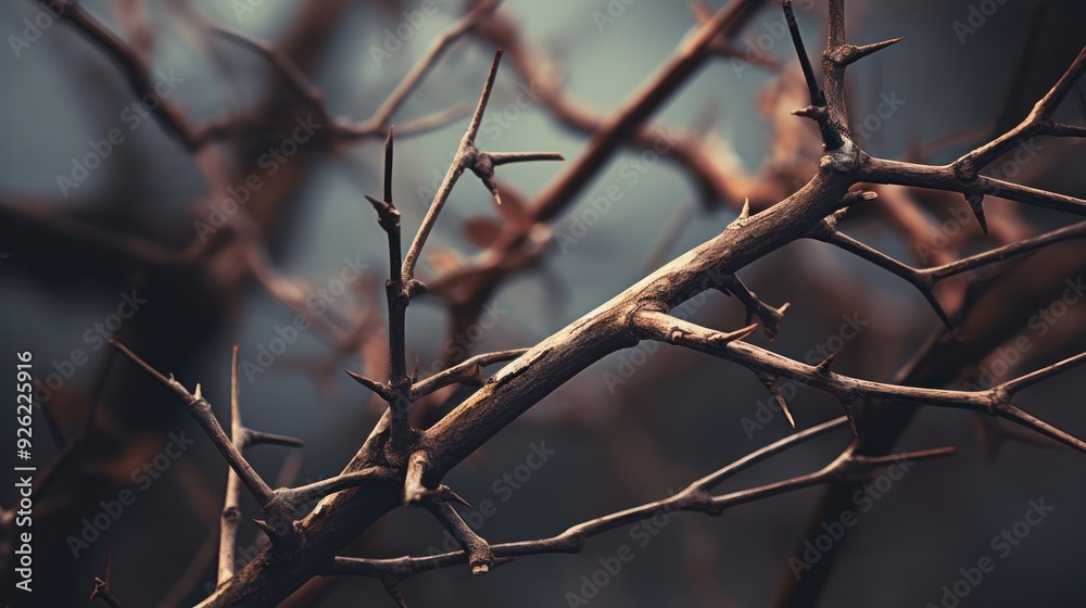 Abstract close-up of a thorny branch silhouette, Abstract close-up of a thorny branch silhouette,