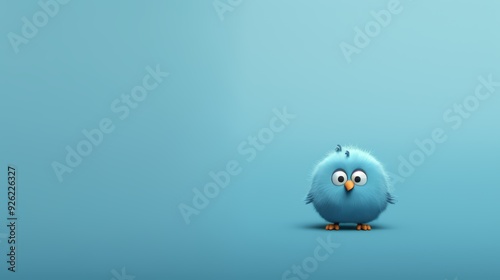 A cute blue fluffy bird cartoon character stands on a light blue background.
