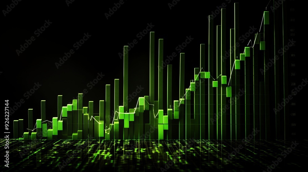 Financial success  green arrow up on digital background showing business finance growth