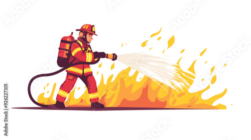 fire fighter with waterhose extinguishing fire, vector illustration in a flat style cartoon design with a simple background. activity lifestyle concept, isolated on a white color background.