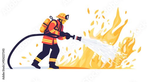 fire fighter with waterhose extinguishing fire, vector illustration in a flat style cartoon design with a simple background. activity lifestyle concept, isolated on a white color background.