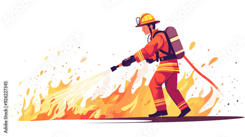 fire fighter with waterhose extinguishing fire, vector illustration in a flat style cartoon design with a simple background. activity lifestyle concept, isolated on a white color background.